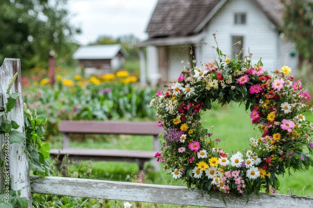 Colorful flower wreath hanging on a wooden fence in a garden Colorful flower wreath hanging on a wooden fence in a garden