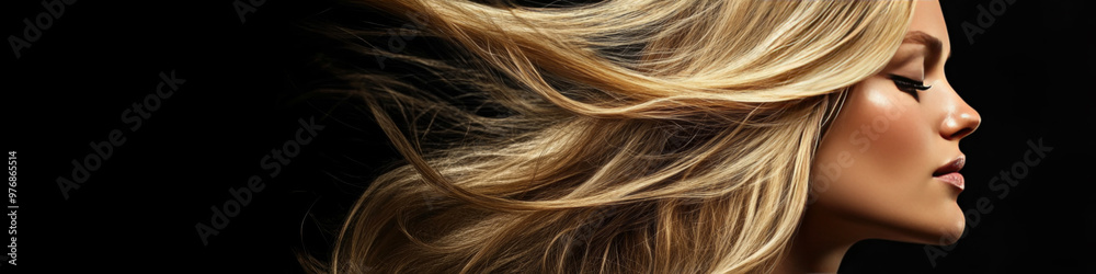 Elegant woman with long blonde hair in motion, side profile. Elegant woman with long blonde hair in motion, side profile.