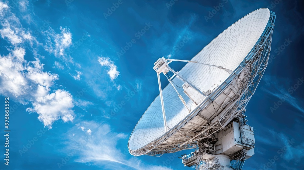 Massive white radio telescope dish against a vibrant blue sky, symbol of communication and technology. Massive white radio telescope dish against a vibrant blue sky, symbol of communication and technology.