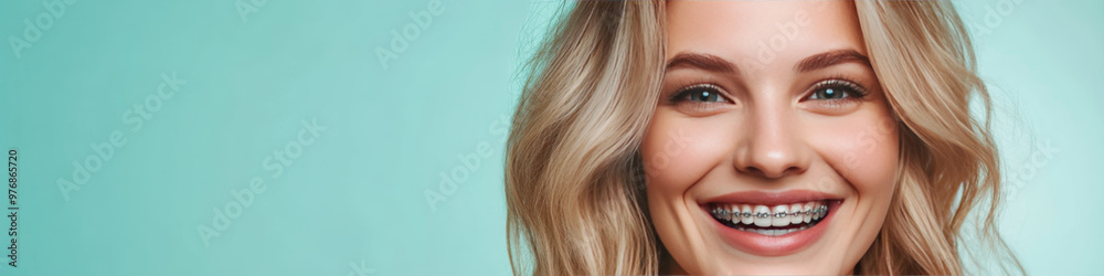 Smiling blonde woman with braces against a vibrant background Smiling blonde woman with braces against a vibrant background