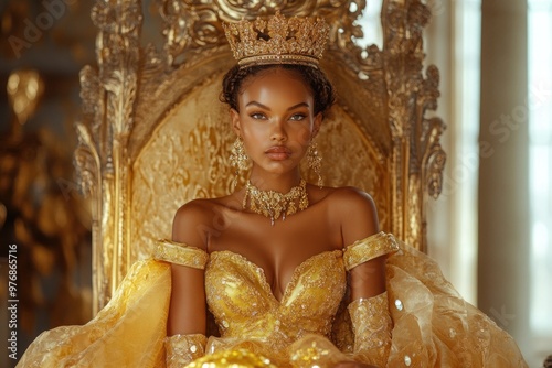 Young black woman posing on golden throne wearing luxurious gown and crown