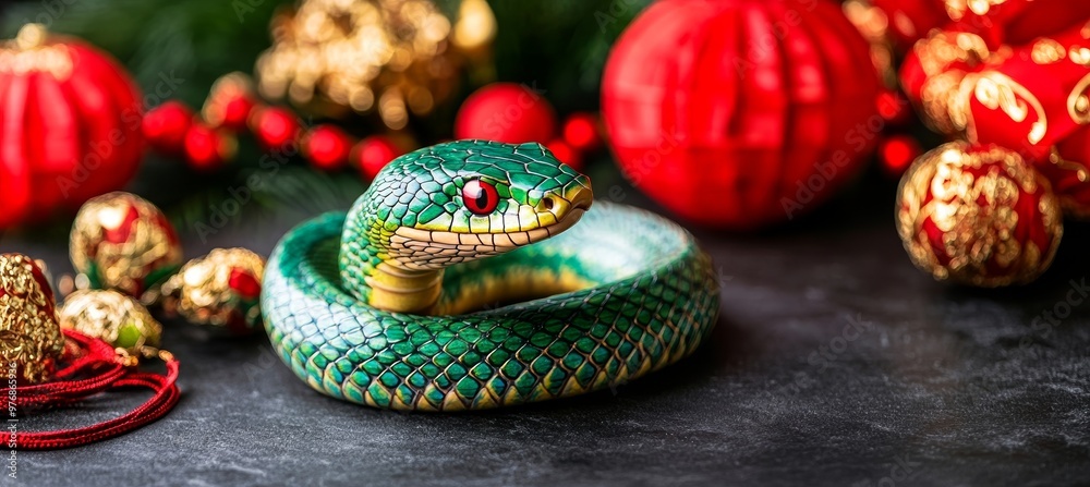 Fototapeta premium Vibrant Green Snake Coiled Amidst Festive Christmas Decorations, Holiday Season Concept.