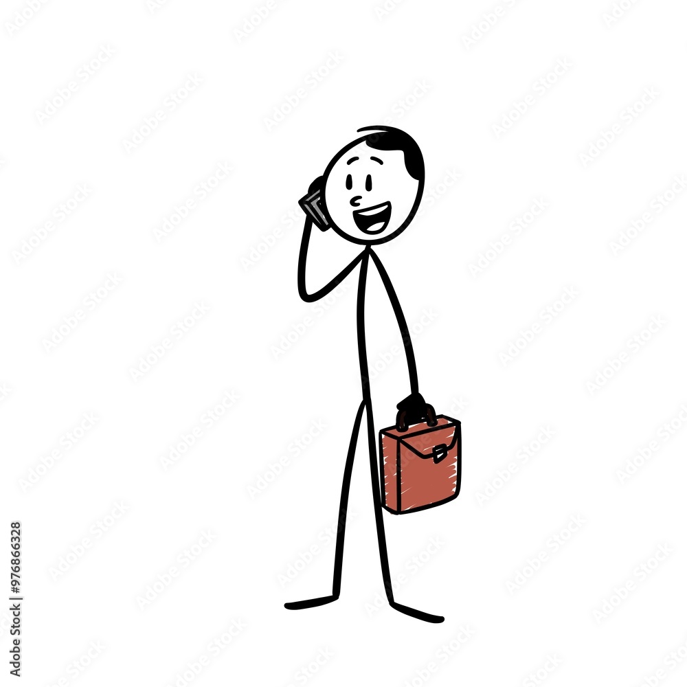 an employee carrying a briefcase, is answering the phone and talking happily an employee carrying a briefcase, is answering the phone and talking happily