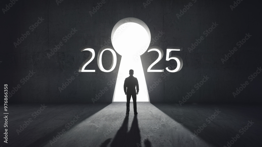 Fototapeta premium A dimly lit room with a prominent keyhole-shaped cutout in the center, forming the number '2025'. A silhouette of a person stands in front of this keyhole, seemingly approaching or observing it.