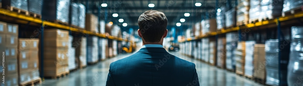 Businessman Walking Through Warehouse Aisle Businessman Walking Through Warehouse Aisle