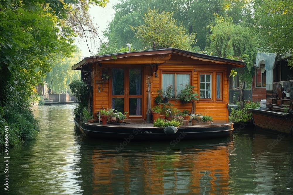 Quaint wooden houseboat is reflecting on the calm water of a tree-lined canal Quaint wooden houseboat is reflecting on the calm water of a tree-lined canal