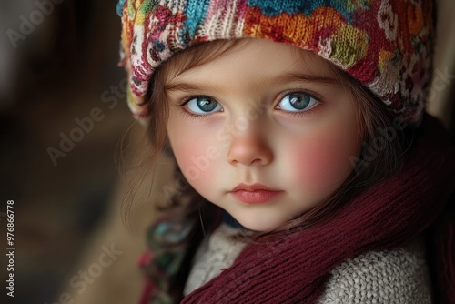 Portrait of adorable little girl wearing knitted hat and scarf