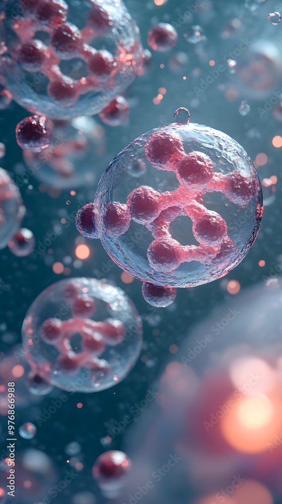 Stem Cell Research: Visualization of stem cells with DNA-like structures, floating in a laboratory environment.
