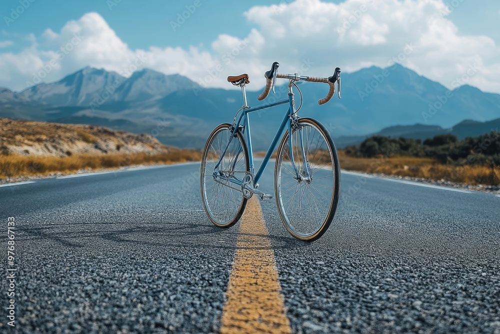 Fototapeta premium Blue vintage bike standing on empty road with mountain view