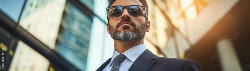 Confident Businessman in Sunglasses Looking Ahead in City