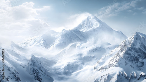 Panoramic alpine landscape with snow-capped mountains and a glacier under a clear winter sky