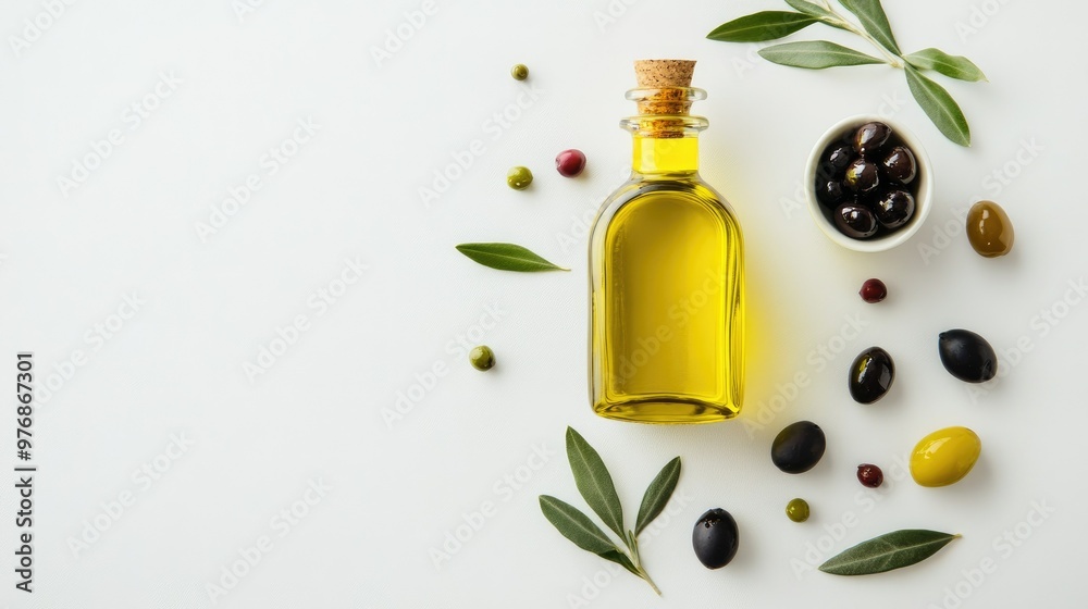 Olives with leaves and a bottle of olive oil showcased on a clean white backdrop, highlighting freshness. Olives with leaves and a bottle of olive oil showcased on a clean white backdrop, highlighting freshness.