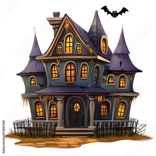 Whimsical Haunted House in Cartoon Style with Halloween on White Background