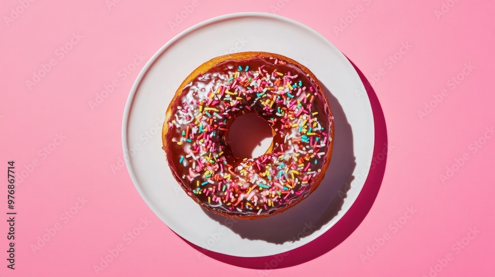 Overhead shot of a tiramisu doughnut with gooey toppings on a plate, contrasting with a vibrant pink background Overhead shot of a tiramisu doughnut with gooey toppings on a plate, contrasting with a vibrant pink background