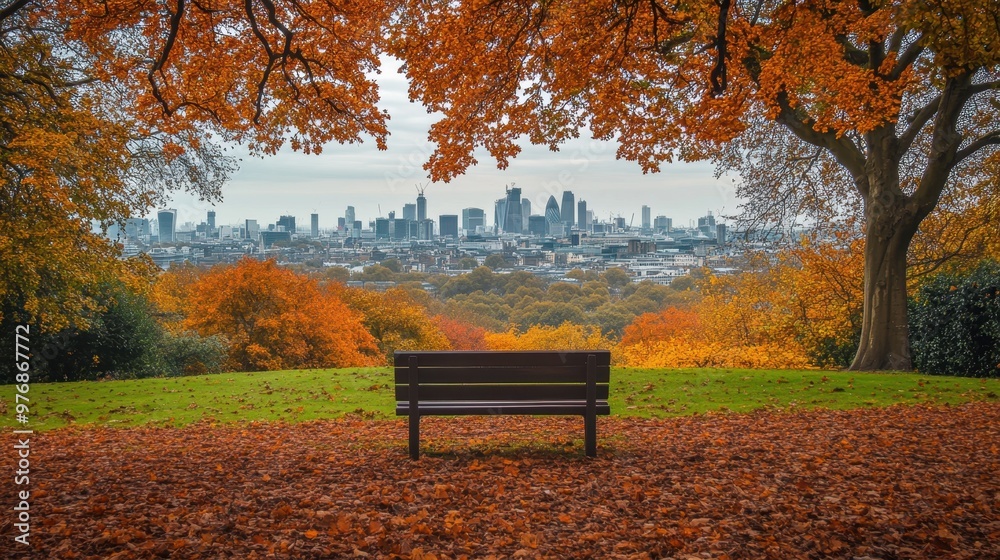 Lonely Bench in autumn Park with city view red and yellow maple trees and blue sky,Autumn forest path,Lawn in autumn city park in Sunny day,Trees with yellow leaves in park,Natural Wallpaper. Lonely Bench in autumn Park with city view red and yellow maple trees and blue sky,Autumn forest path,Lawn in autumn city park in Sunny day,Trees with yellow leaves in park,Natural Wallpaper.