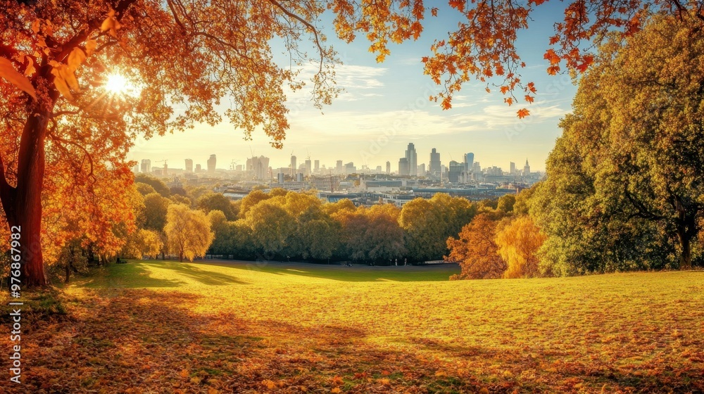 Naklejka premium Colorful autumn Park with city view red and yellow maple trees and blue sky,Autumn forest path,Lawn in autumn city park in Sunny day,Trees with yellow leaves in park,Natural Wallpaper.
