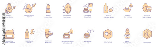 Advanced Skincare Icons: Vitamin C, Hyaluronic Acid, Retinol, Niacinamide, Exfoliating Scrub, Peptide Complex, Eye Patches, Charcoal Peel-Off Mask, Moisturizing, Night Repair Serum 