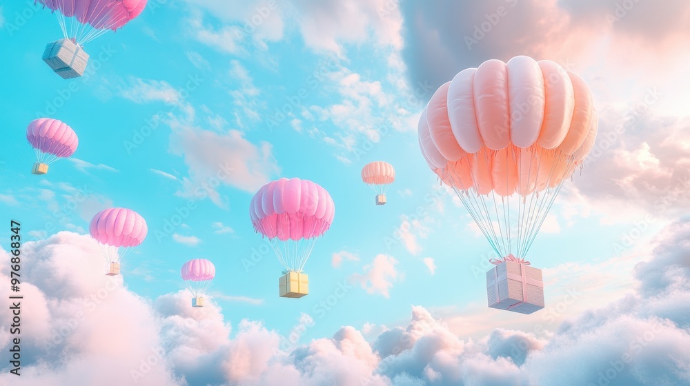 Obraz premium A Box flying on a parachute with pink cloud,vector illustration of package flying down from sky and cloud with parachute, concept for delivery service,shopping online,air delivery service.