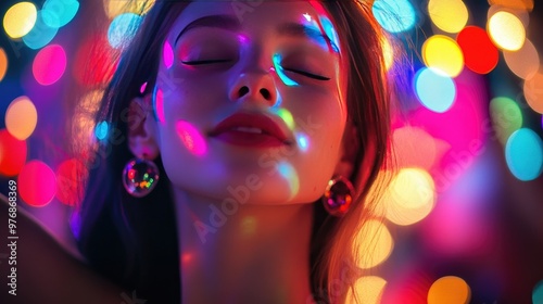 Portrait of a young woman in a club party setting, vibrant colored lights dancing across her face, dynamic and lively atmosphere.