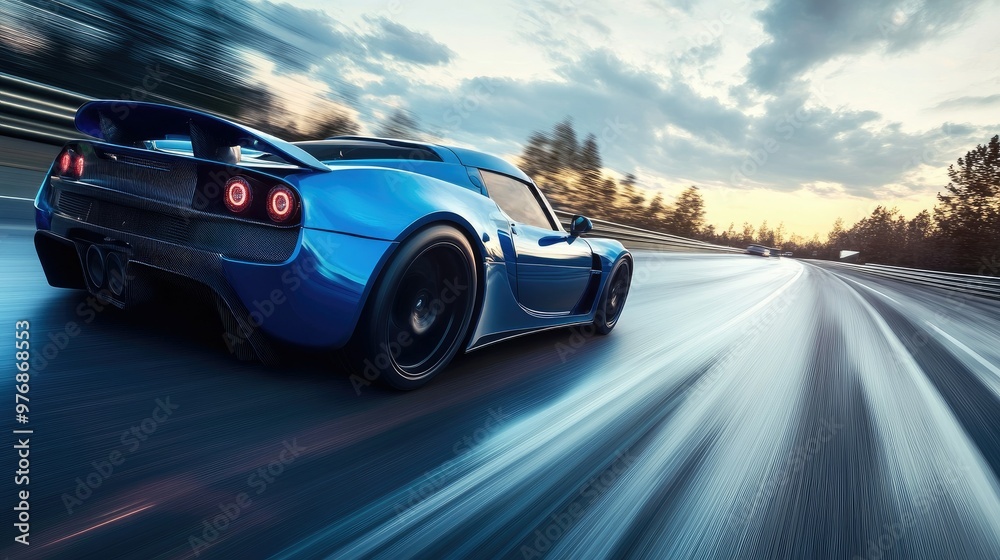 Rear view of a blue sports car speeding down the highway, motion blur capturing its high-speed movement. Rear view of a blue sports car speeding down the highway, motion blur capturing its high-speed movement.