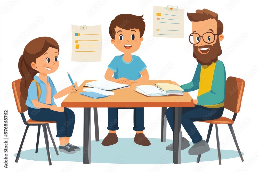 Students and teacher studying together around a table Students and teacher studying together around a table