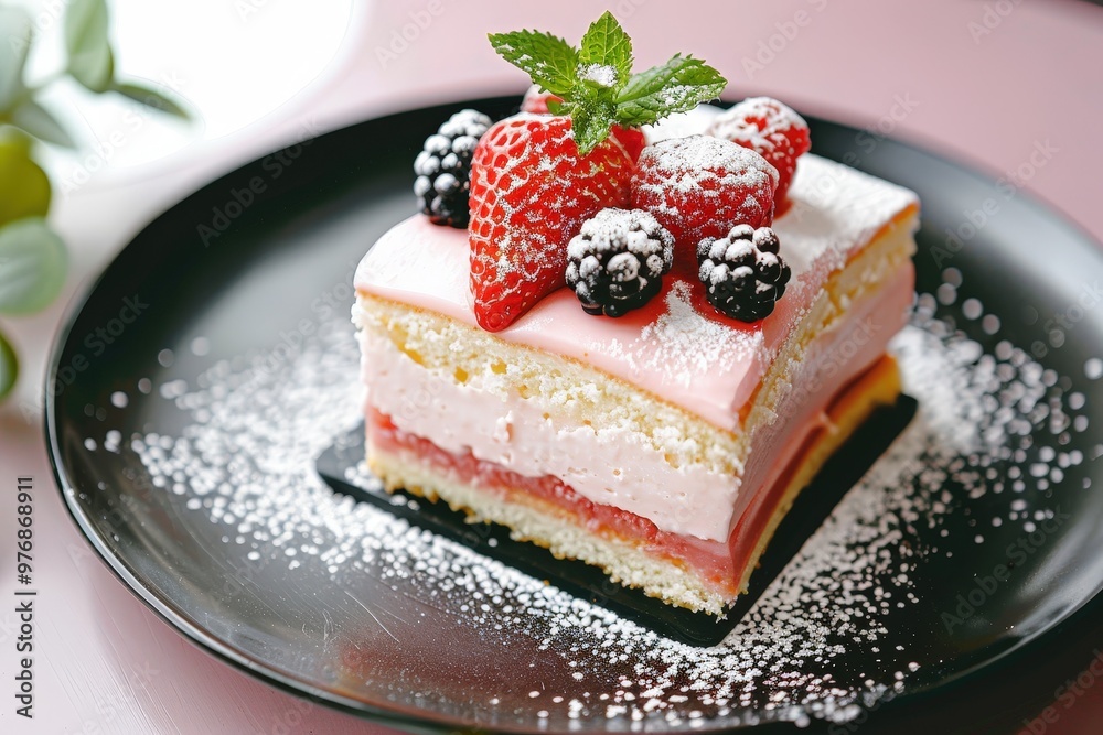 Close-up of a two-tiered pink cake with mastic on a festive pink background. Birthday cake for a girl.. Beautiful simple AI generated image