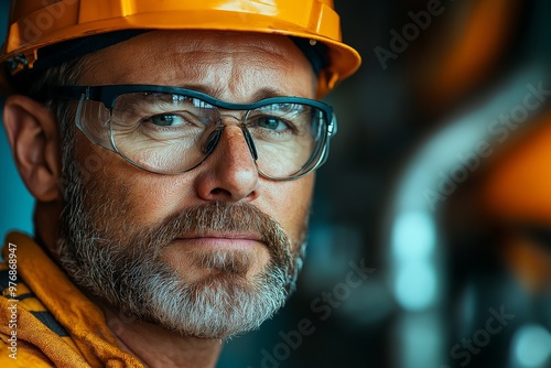 A man wearing a yellow helmet and safety glasses. He has a beard and is wearing a yellow shirt