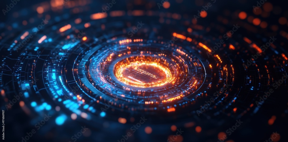 A futuristic machine learning concept displays 3D data visualizations spiraling around a central AI core A futuristic machine learning concept displays 3D data visualizations spiraling around a central AI core