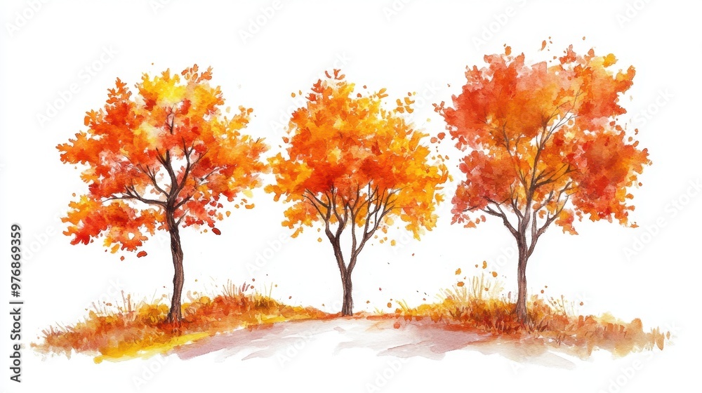 Watercolor hand drawn of autumn trees,red maple tree on white background,hand drawn watercolor vector illustration,Autumn forest path,red orange foliage in fall forest. Watercolor hand drawn of autumn trees,red maple tree on white background,hand drawn watercolor vector illustration,Autumn forest path,red orange foliage in fall forest.