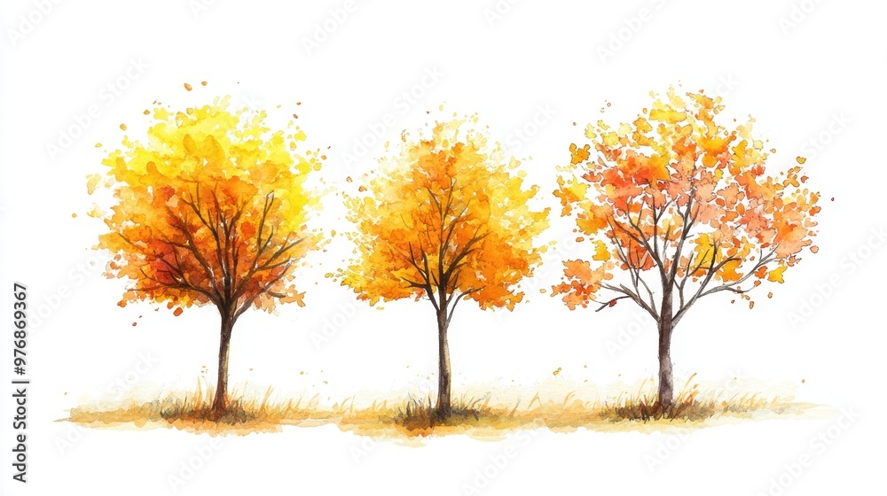 Watercolor hand drawn of autumn trees,red maple tree on white background,hand drawn watercolor vector illustration,Autumn forest path,red orange foliage in fall forest.