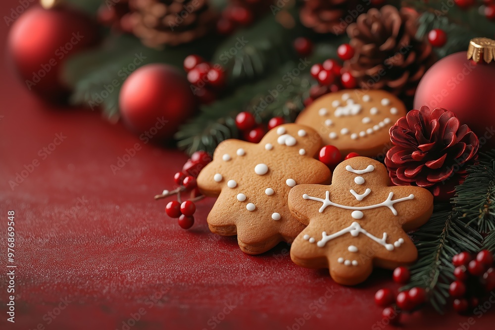 Three gingerbread cookies with white icing and a red background. The cookies are decorated with stars and hearts Three gingerbread cookies with white icing and a red background. The cookies are decorated with stars and hearts