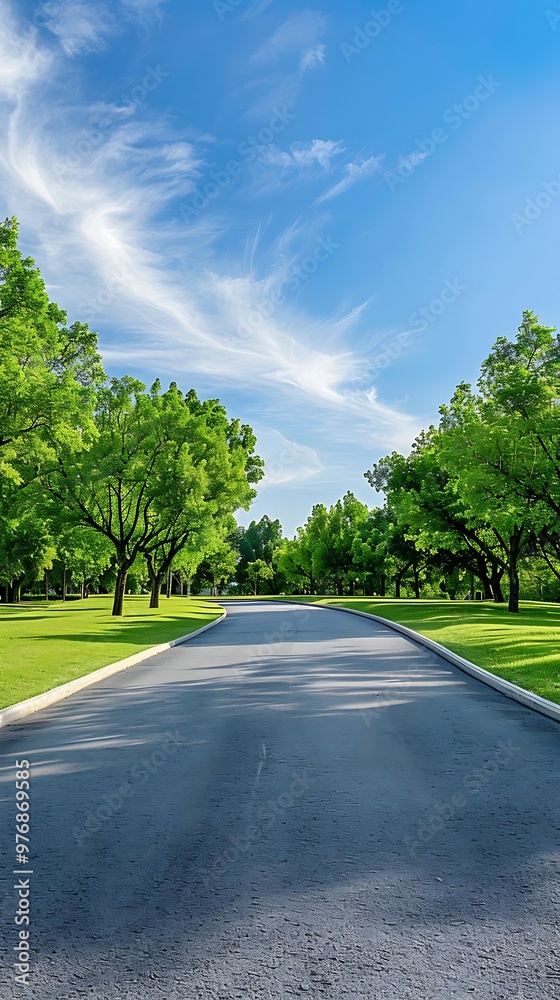 Empty asphalt road in the park with green grass and tree background. Empty asphalt road in the park with green grass and tree background.