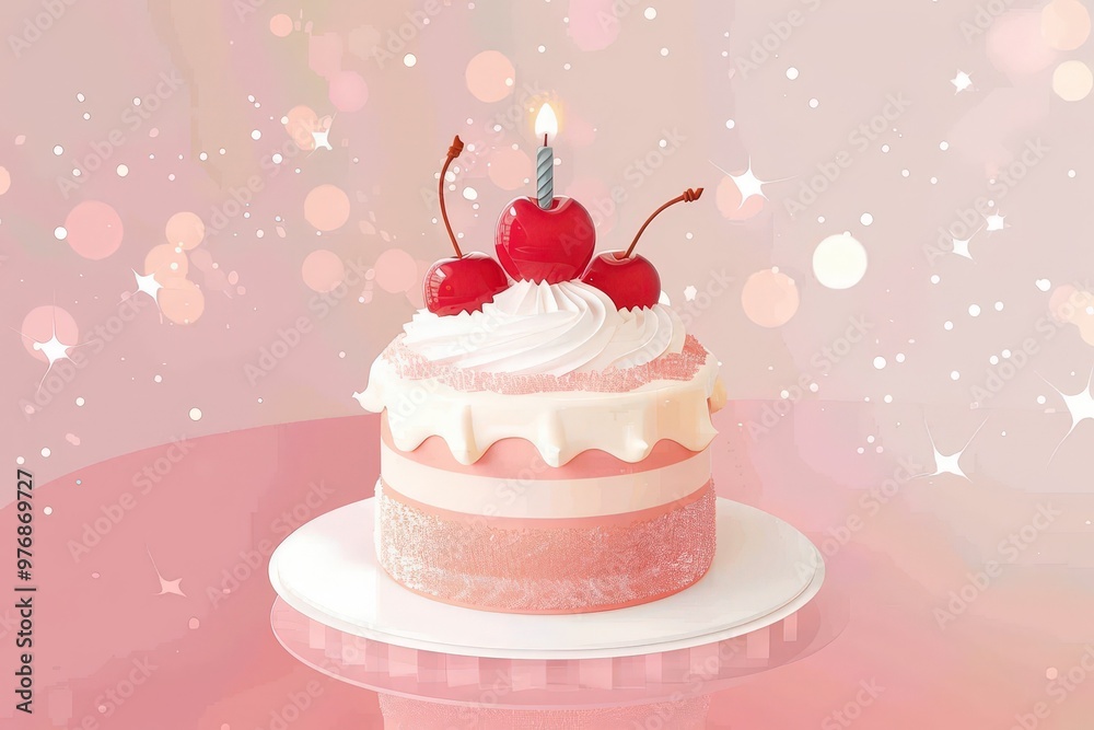 Whimsical two-tiered cake with pink flowers and candles against a dreamy watercolor backdrop. Beautiful simple AI generated image