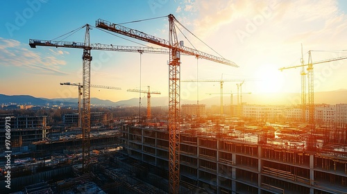 Construction Site with Multiple Cranes at Sunset