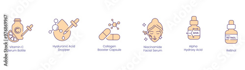 Advanced Skincare Icons: Vitamin C Serum Bottle, Hyaluronic Acid Dropper, Collagen Booster Capsule, Niacinamide Facial Serum, Alpha-Hydroxy Acid, Retinol