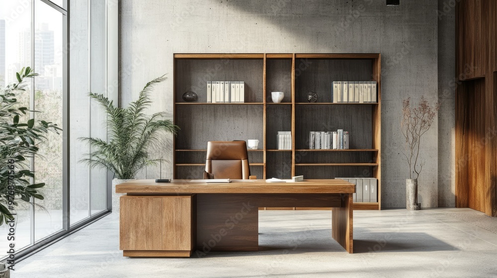 Fototapeta premium Simple office design with a wooden desk, concrete walls, and an organized bookcase. Panoramic windows open to a bright, airy space.