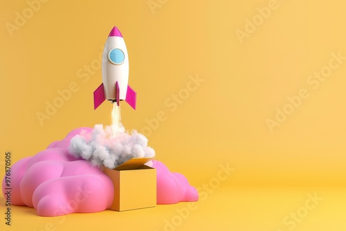 Rocket launching on yellow background, New Project, Start-up, Creativity, Big idea. Beautiful simple AI generated image