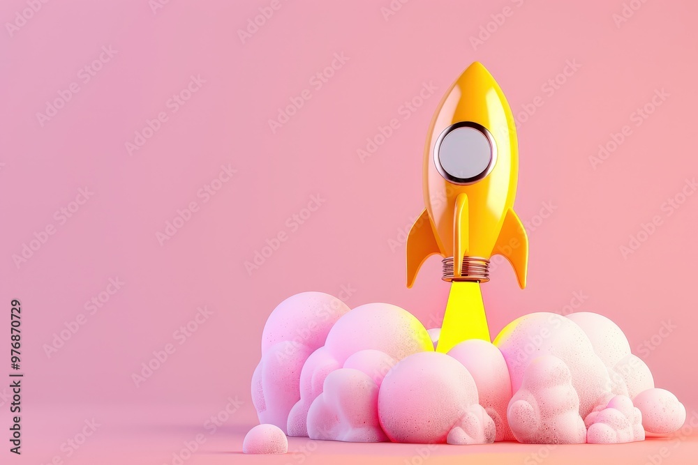Rocket launching on yellow background, New Project, Start-up, Creativity, Big idea. Beautiful simple AI generated image Rocket launching on yellow background, New Project, Start-up, Creativity, Big idea. Beautiful simple AI generated image