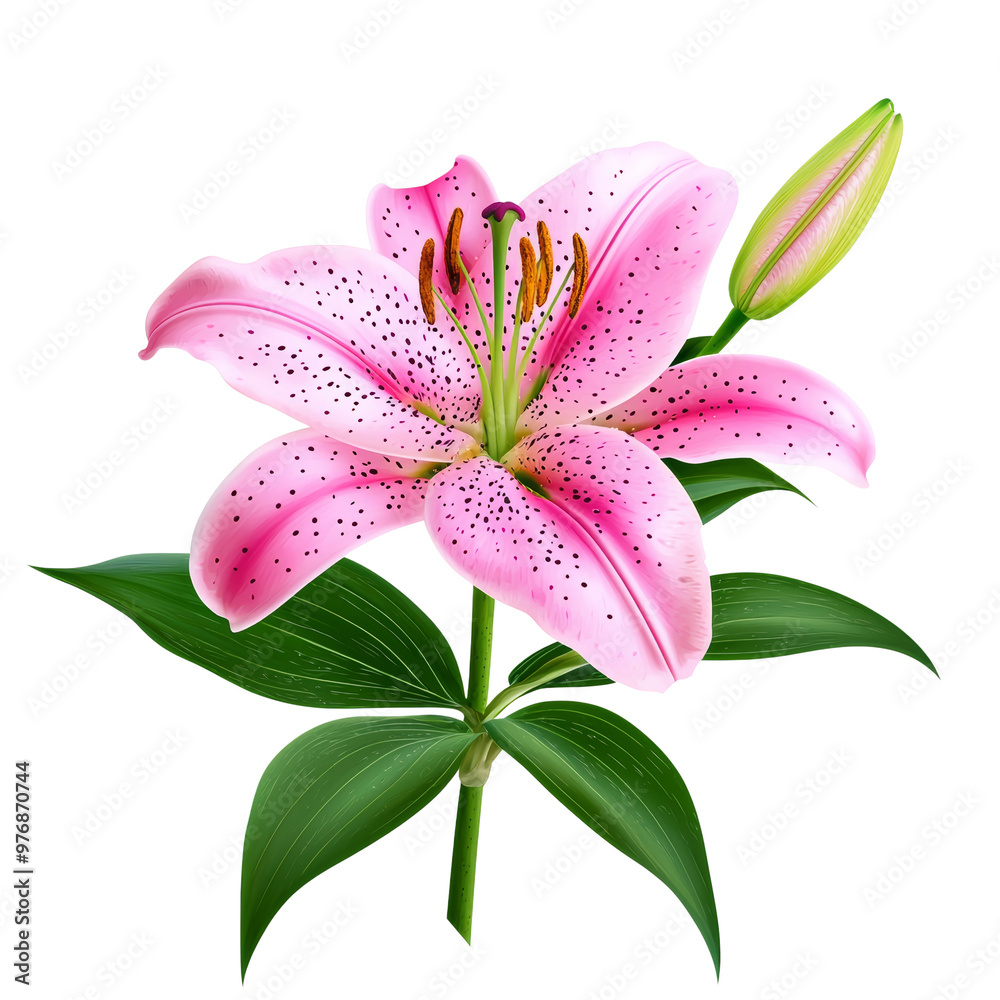 Naklejka premium Beautiful pink lily flower with green leaves and a bud