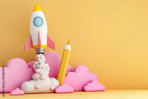 Rocket launching on yellow background, New Project, Start-up, Creativity, Big idea. Beautiful simple AI generated image