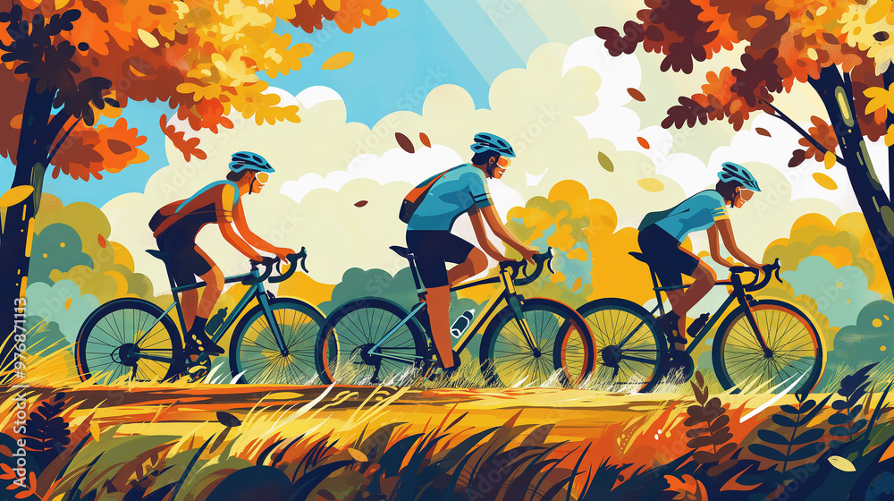 Fototapeta premium A group of three friends on bicycles wearing helmets, cycling in the park