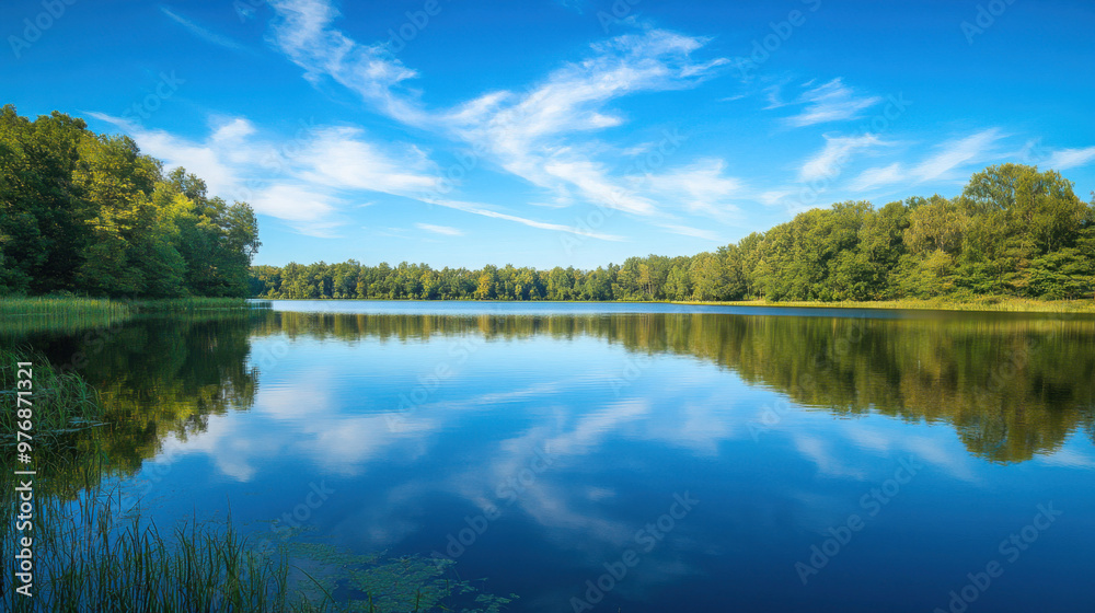 A crystal-clear blue sky reflected in a calm lake, creating a mirror-like effect that doubles the beauty of the scene. A crystal-clear blue sky reflected in a calm lake, creating a mirror-like effect that doubles the beauty of the scene.