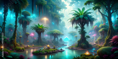 Fototapeta Naklejka Na Ścianę i Meble -  Ethereal alien jungle with enigmatic bioluminescent trees and exotic fauna in a realistic landscape, Enigmatic, Bioluminescent