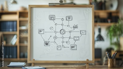 A whiteboard in a modern office displaying a hand-drawn diagram of interconnected elements, representing network or workflow design.