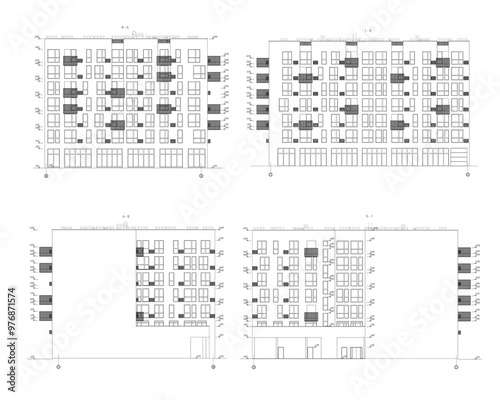 Vector architectural project of a multistory building facades