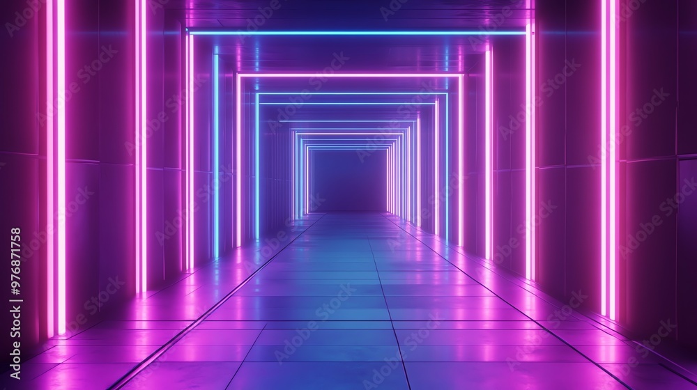 A futuristic hallway with glowing pink and blue neon lights. A futuristic hallway with glowing pink and blue neon lights.