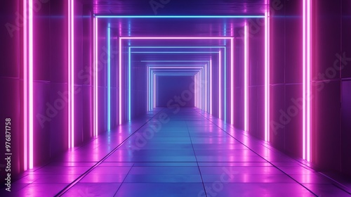 A futuristic hallway with glowing pink and blue neon lights.