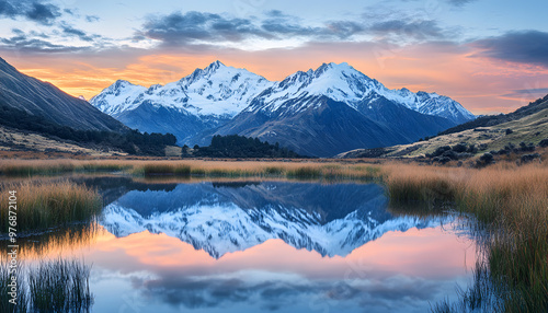 Nature Bliss: A serene mountain landscape with a lake reflecting the snowy peaks at sunrise