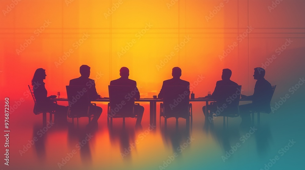 Silhouettes of businesspeople in a meeting set against a colorful sunset, representing teamwork, collaboration, and corporate decision-making. Silhouettes of businesspeople in a meeting set against a colorful sunset, representing teamwork, collaboration, and corporate decision-making.