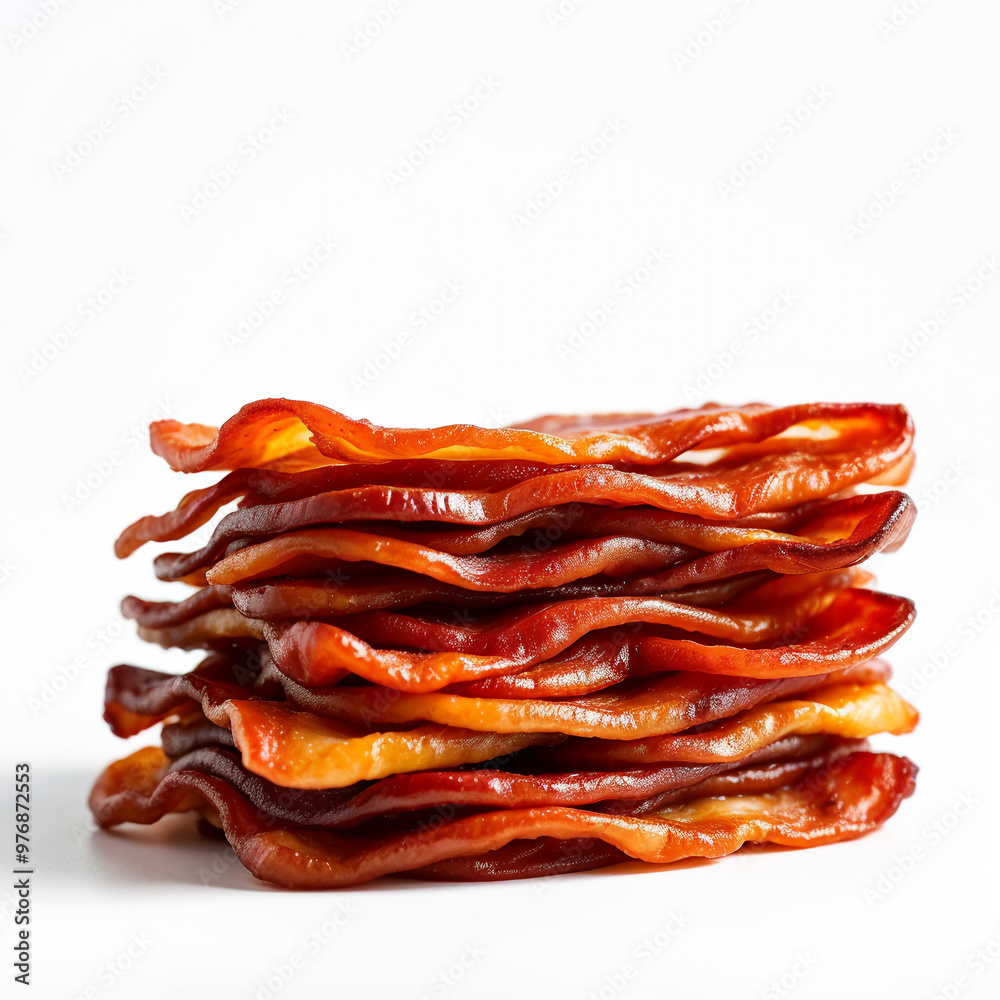 Stack of crispy cooked bacon strips on a white surface Stack of crispy cooked bacon strips on a white surface